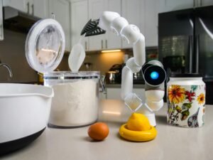 A futuristic kitchen robot assists with ingredients on a countertop.