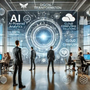 A modern technology office with a diverse team collaborating on digital transformation solutions. Large digital screens display AI-powered analytics, cloud computing, and cybersecurity visuals, showcasing business innovation and growth.