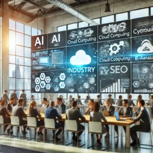 A modern business setting showcasing industry applications of technology services. Professionals collaborate on AI, cloud computing, cybersecurity, and data analytics, with digital screens displaying solutions for healthcare, finance, e-commerce, and manufacturing