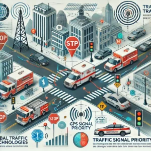 "An infographic showing how Global Traffic Technologies (GTT) works. It features a city intersection with traffic lights, emergency vehicles (ambulance and fire truck) equipped with GPS and radio transmitters, and a control center monitoring traffic. Arrows and signals illustrate communication between emergency vehicles and traffic lights, enabling signal priority. Labels highlight key concepts like 'GPS Signal,' 'Traffic Signal Priority,' and 'Control Center Monitoring.