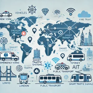 An infographic depicting the global implementation of traffic preemption systems. It features a world map highlighting major cities like New York, London, Tokyo, Sydney, and Dubai, where traffic preemption technology is used. Icons represent emergency vehicles (ambulance, fire truck), public transport (bus, tram), and smart traffic signals. Arrows and lines illustrate the integration of GPS, IoT, and AI in traffic management systems worldwide