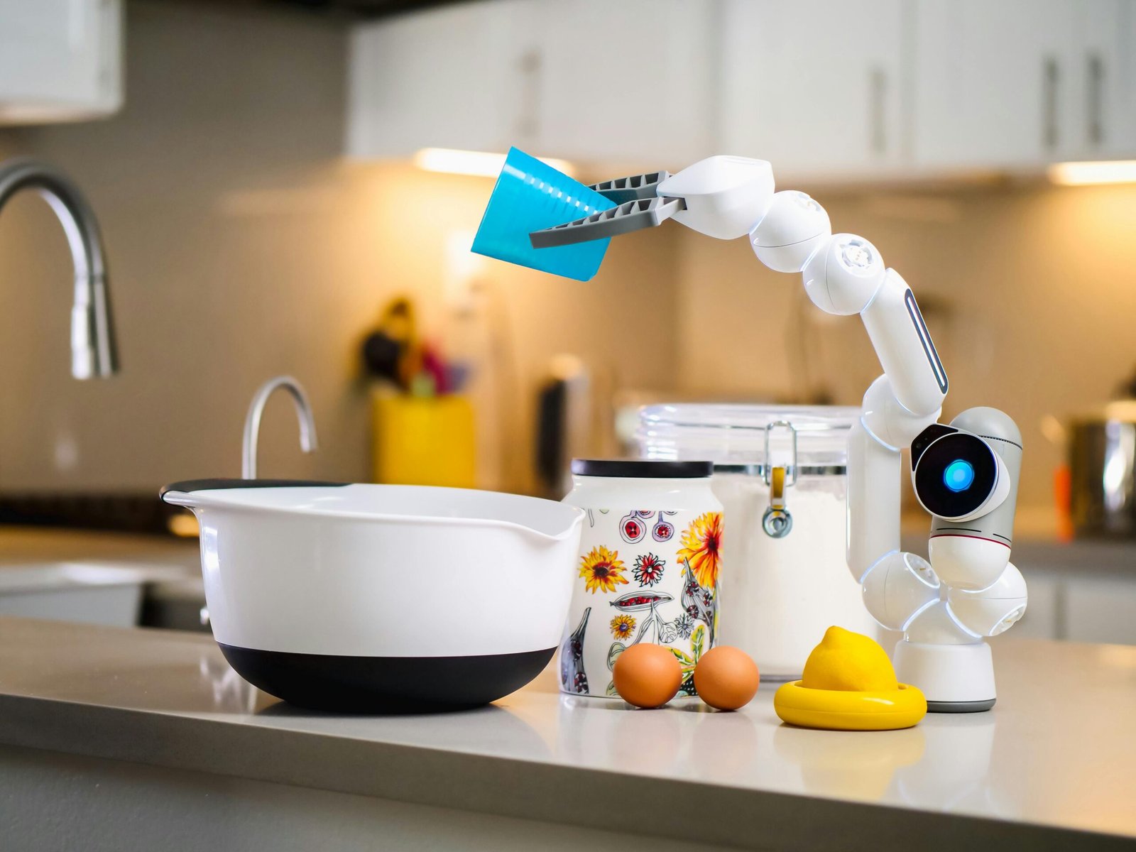 A robotic arm pouring ingredients into a bowl in a contemporary kitchen setting.